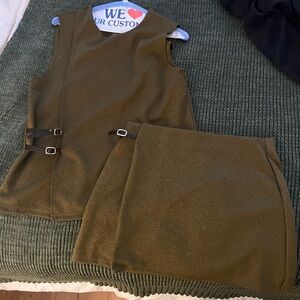 Olive Green Top and Skirt Set with Leather Buckles